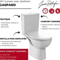 Jacob Delafon WC à poser sans bride sortie horizontale Gaspard avec abattant frein de chute déclipsable + Tabouret bois* Wc À Poser