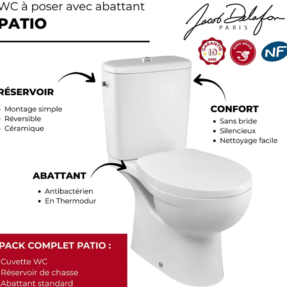 Jacob Delafon WC à poser sans bride sortie horizontale Patio avec abattant standard* Wc À Poser