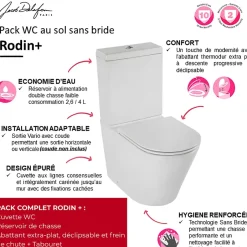Jacob Delafon WC à poser sans bride sortie universelle Rodin+ avec abattant frein de chute + tabouret physiologique bois