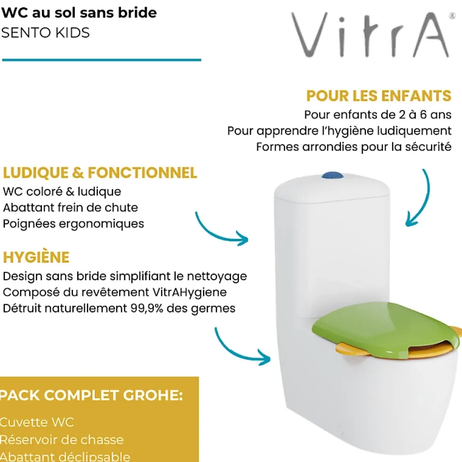 Vitra WC à poser sans bride Sento Kids Blanc + réservoir + abattant vert et jaune* Wc À Poser
