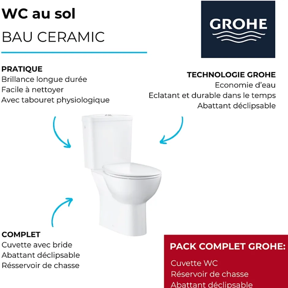 Grohe WC au sol Bau Ceramic avec abattant déclipsable + Briochin