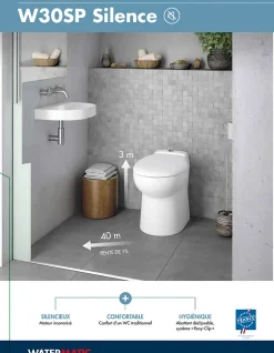 Watermatic WC au sol Sanibroyeur à relevage intégrée cuvette compacte 54,5x36 raccordement 1 lave-mains inclus W30SP Silence blanc