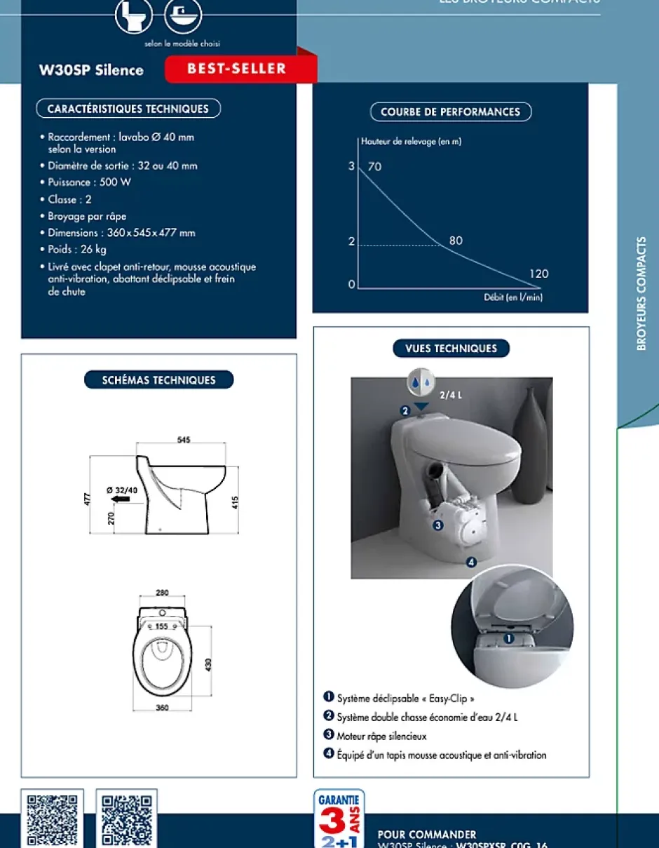 Watermatic WC au sol Sanibroyeur à relevage intégrée cuvette compacte 54,5x36 raccordement 1 lave-mains inclus W30SP Silence blanc