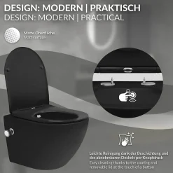 Luxebath WC suspendu chasse d'eau tornado fonction bidet noir mat avec siège Softclose
