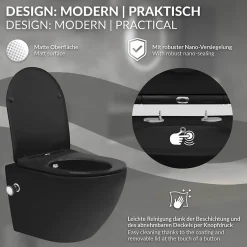 Luxebath WC suspendu chasse d'eau tornado nano fonction bidet noir mat Softclose