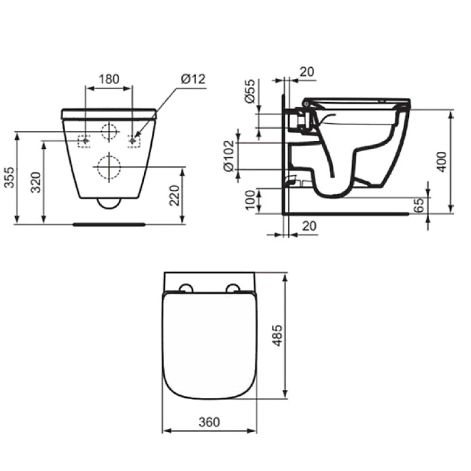 Ideal Standard WC suspendu compact sans bride I.Life S RimLS+ avec abattant frein de chute* Wc Suspendu
