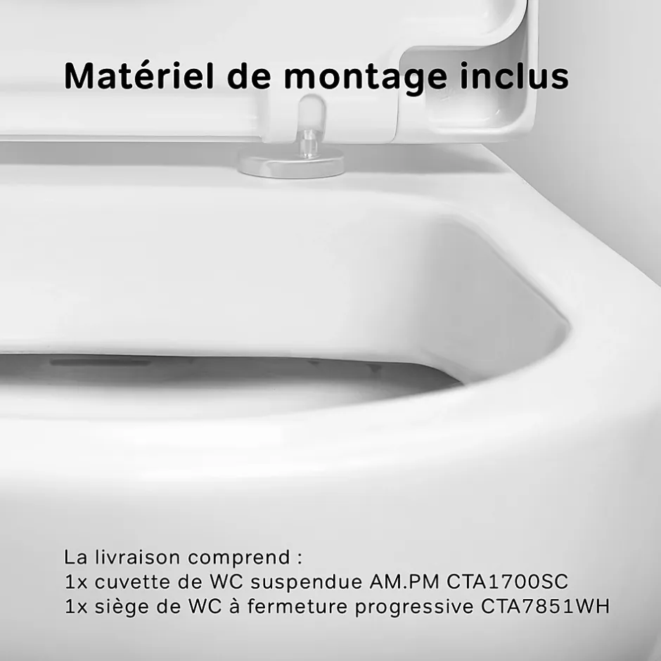 Am.Pm Europe WC suspendu céramique sans bride cuvette WC suspendu sans bord FlashClean abattant amov. frein chute softclose blanc AM.PM Hit