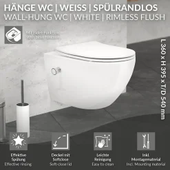Luxebath WC suspendu en céramique cuvette sans rebord long fonction bidet avec siège* Wc Suspendu