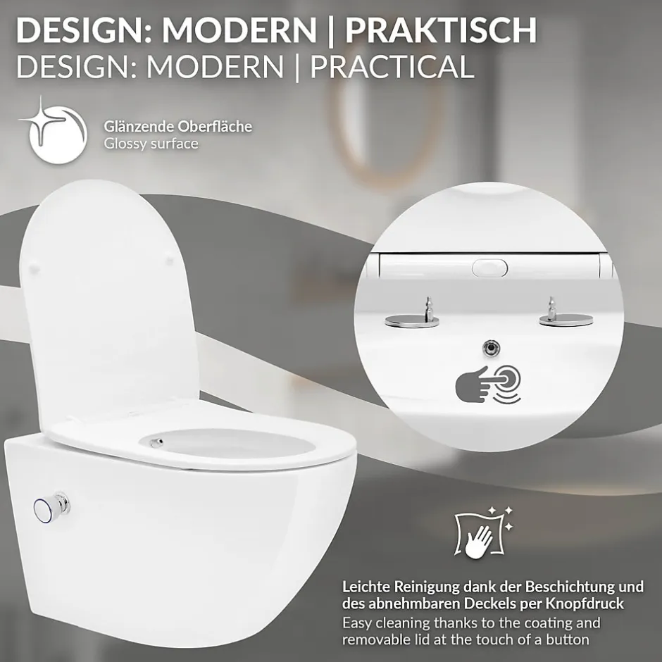 Luxebath WC suspendu en céramique cuvette sans rebord long fonction bidet avec siège* Wc Suspendu