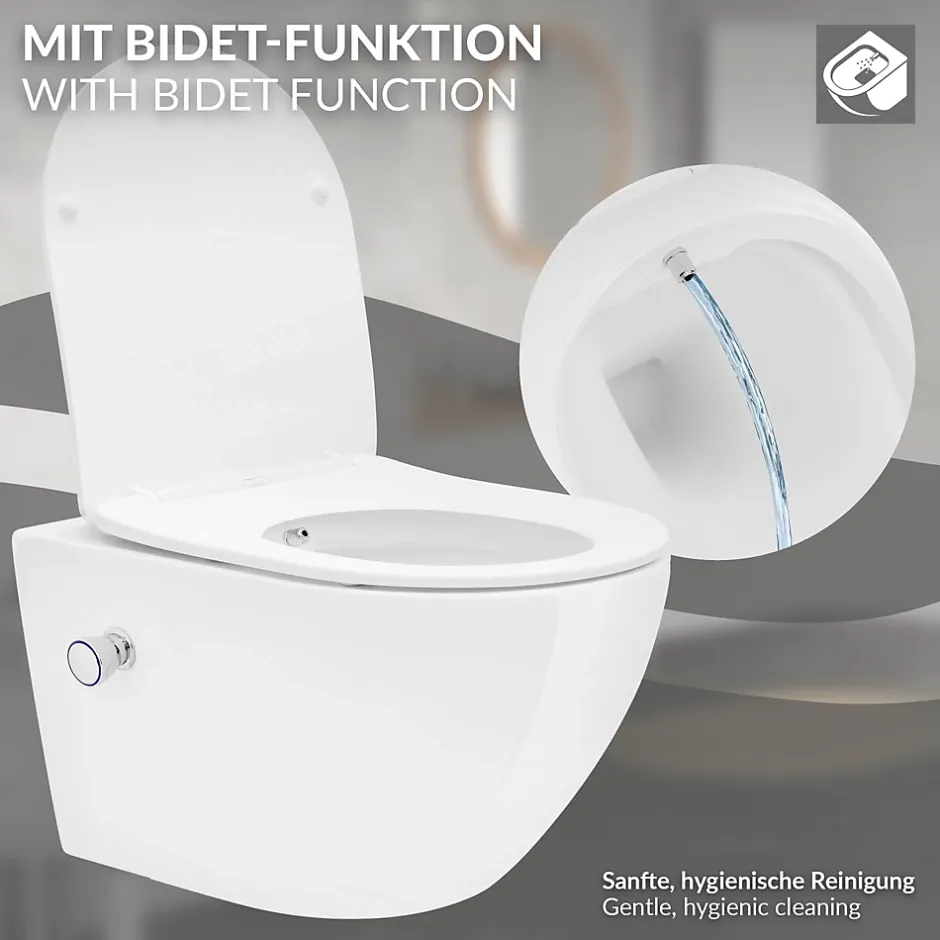 Luxebath WC suspendu en céramique cuvette sans rebord long fonction bidet avec siège* Wc Suspendu