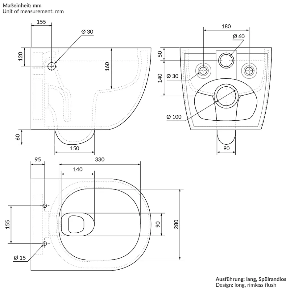 Luxebath WC suspendu en céramique cuvette sans rebord long fonction bidet avec siège* Wc Suspendu