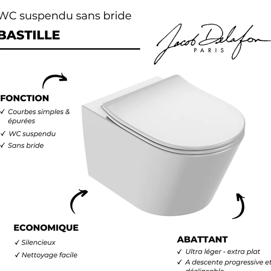 Jacob Delafon WC suspendu sans bride Bastille caréné + abattant