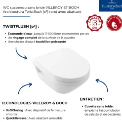 Villeroy & Boch WC suspendu sans bride VILLEROY ET BOCH Architectura Twistflush rond avec abattant* Wc Suspendu
