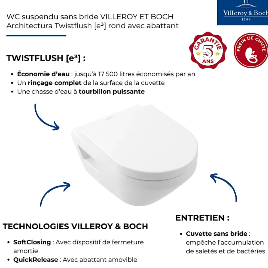 Villeroy & Boch WC suspendu sans bride VILLEROY ET BOCH Architectura Twistflush rond avec abattant* Wc Suspendu