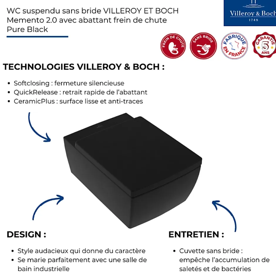 Villeroy & Boch WC suspendu sans bride VILLEROY ET BOCH Memento 2.0 avec abattant Pure Black
