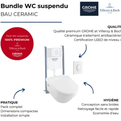Villeroy & Boch WC suspendu sans bride VILLEROY ET BOCH Architectura + abattant + bati support GROHE + plaque de commande blanche