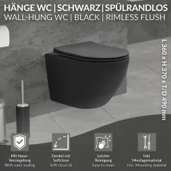 Luxebath WC suspendu sans rebord court nano-revêtement noir mat céramique SoftClose* Wc Suspendu