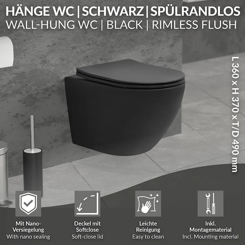 Luxebath WC suspendu sans rebord court nano-revêtement noir mat céramique SoftClose* Wc Suspendu