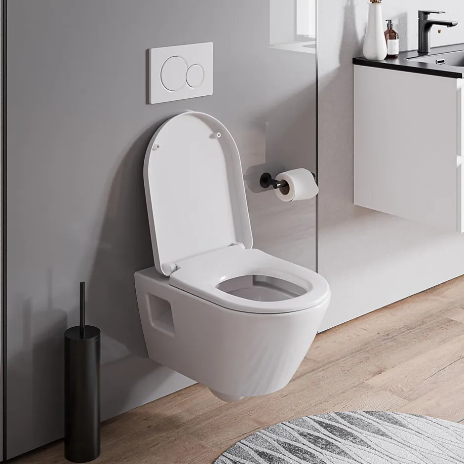 Bernstein WC suspendu sans rebord, Cuvette supendue avec abattant fermeture en douceur - 37x36x54cm - Blanc brillant - VIVEO* Wc Suspendu