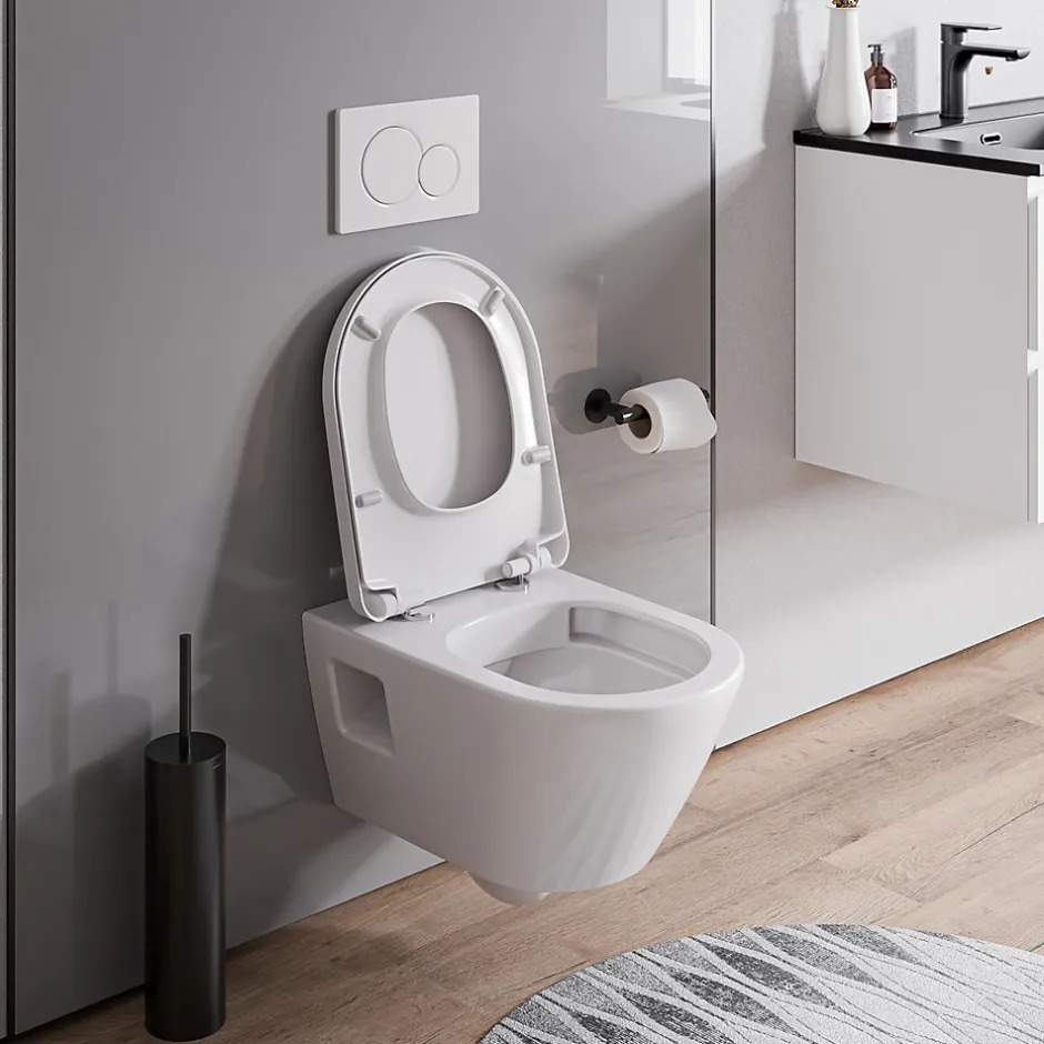 Bernstein WC suspendu sans rebord, Cuvette supendue avec abattant fermeture en douceur - 37x36x54cm - Blanc brillant - VIVEO* Wc Suspendu