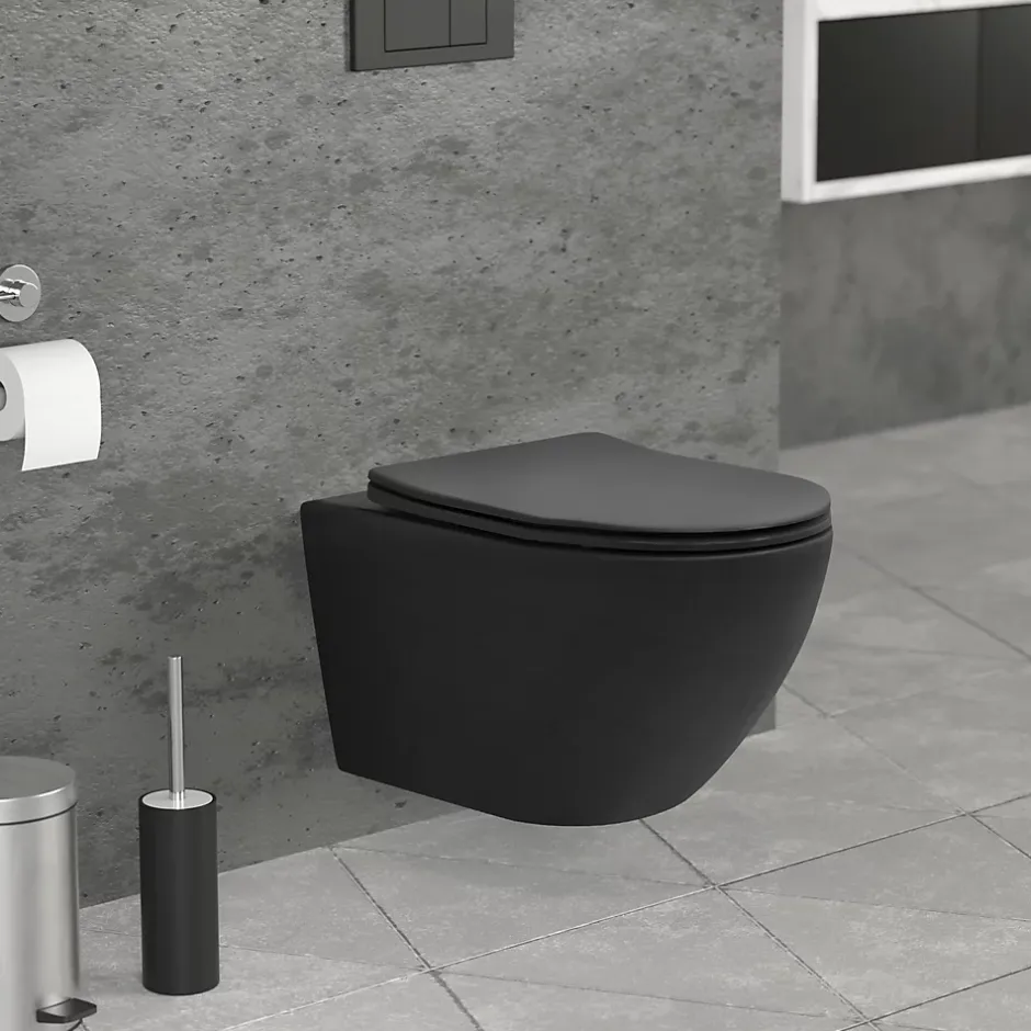 Luxebath WC suspendu sans rebord long en céramique noir mat avec siège de WC Softclose
