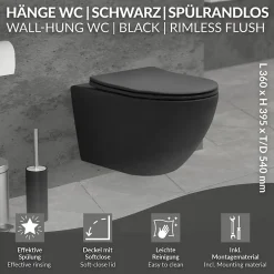 Luxebath WC suspendu sans rebord long en céramique noir mat avec siège de WC Softclose