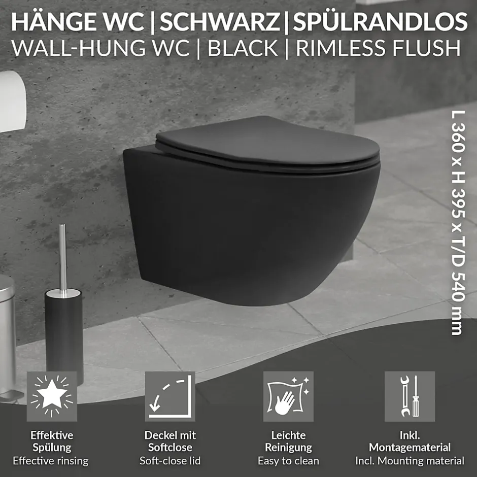 Luxebath WC suspendu sans rebord long en céramique noir mat avec siège de WC Softclose