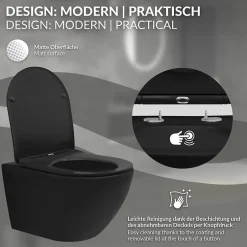Luxebath WC suspendu sans rebord long en céramique noir mat avec siège de WC Softclose