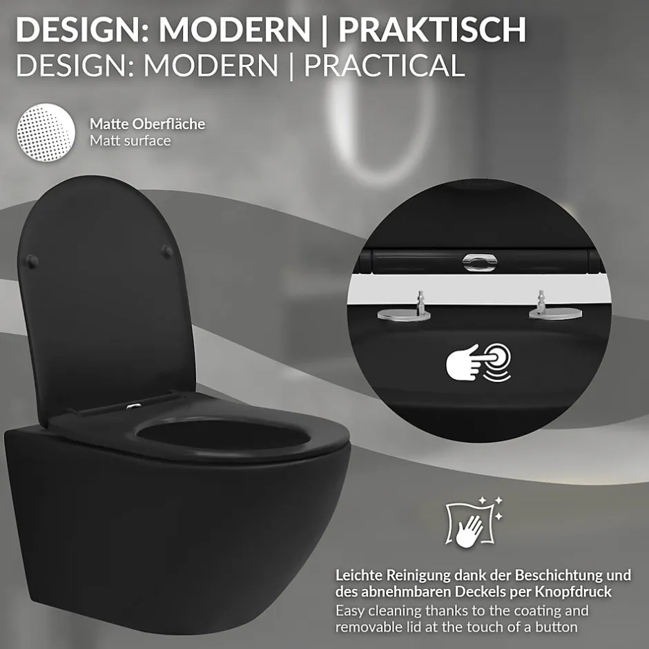 Luxebath WC suspendu sans rebord long en céramique noir mat avec siège de WC Softclose