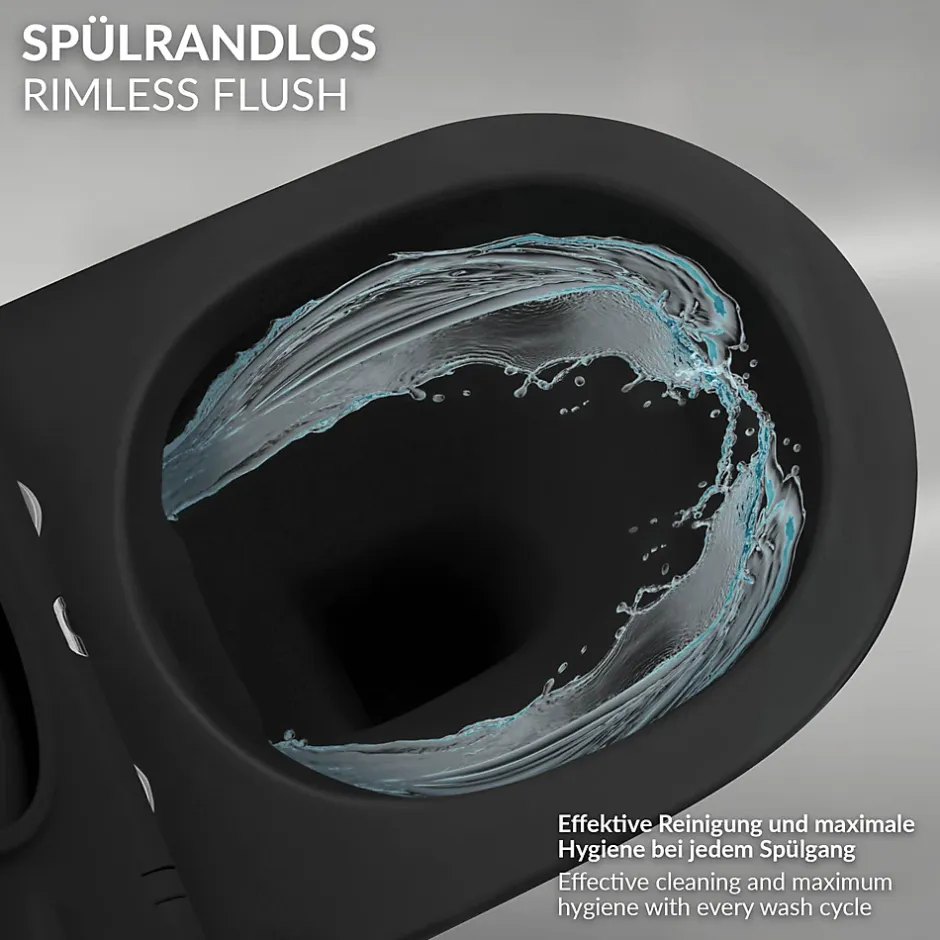 Luxebath WC suspendu sans rebord long en céramique noir mat avec siège de WC Softclose