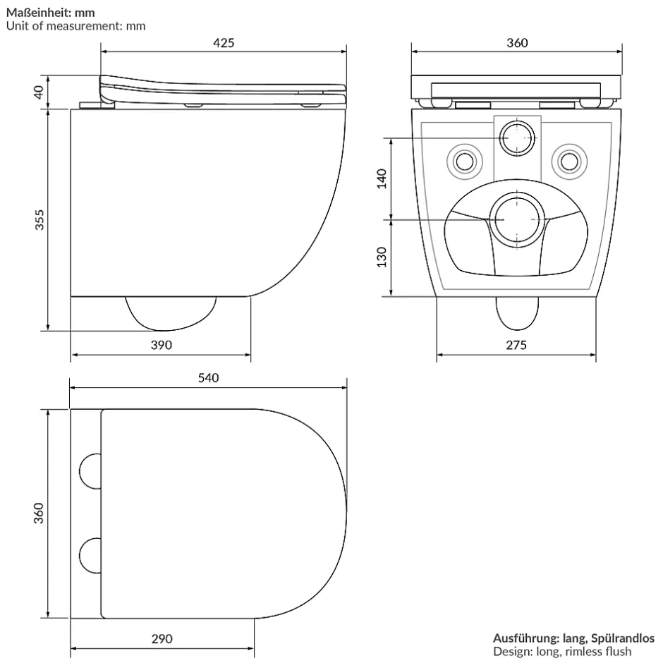 Luxebath WC suspendu sans rebord long en céramique noir mat avec siège de WC Softclose