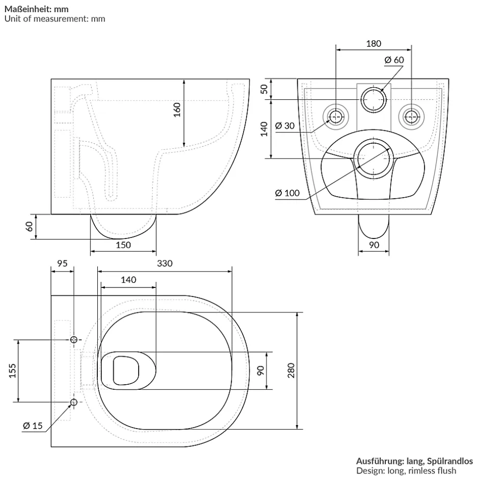 Luxebath WC suspendu sans rebord long en céramique noir mat avec siège de WC Softclose