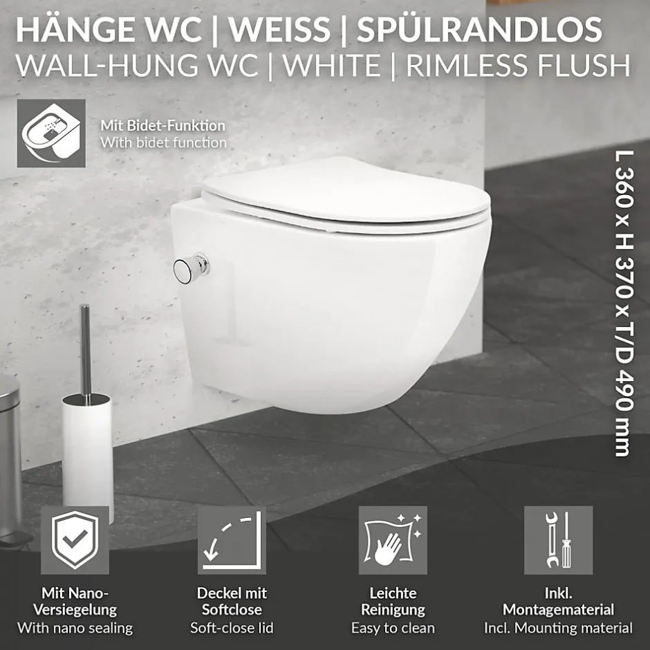 Luxebath WC suspendu sans rebord nano revêtement fonction bidet blanc céramique* Wc Suspendu