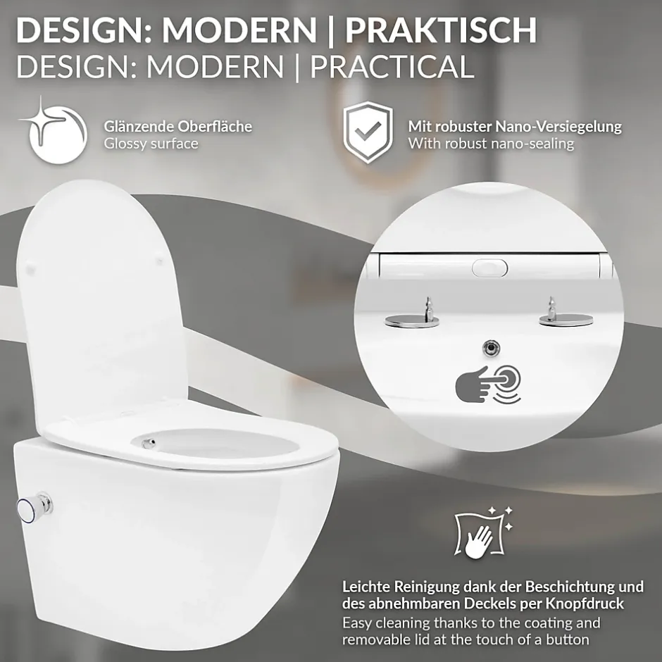 Luxebath WC suspendu sans rebord nano revêtement fonction bidet blanc céramique* Wc Suspendu