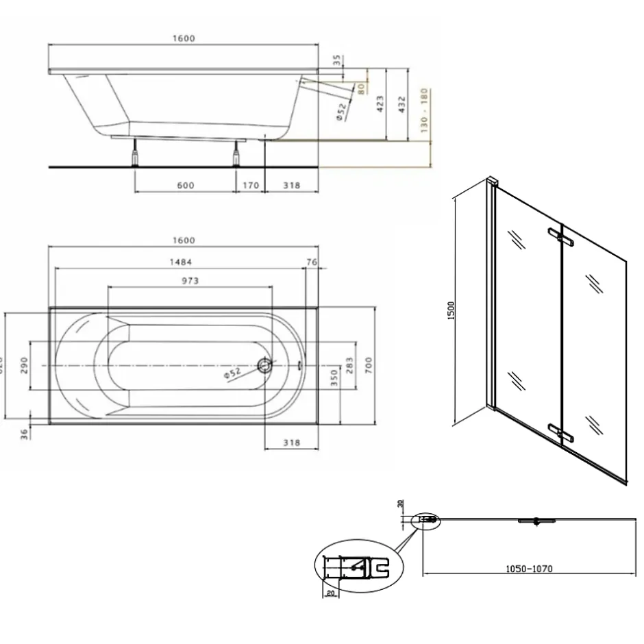 Kolo by Geberit 160x70 cm Ensemble baignoire Opal Plus universelle +Pare baignoire pliable, 2 volets chrome + pieds (XWP1260000-SETP2)* Baignoire Droite