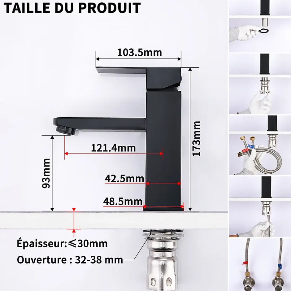 Homelody 2x Robinet Salle Bain Noir acier inoxidable avec Poignée Carrée Mitigeur lavabo Eau Froide Chaude Disponible Robinetterie