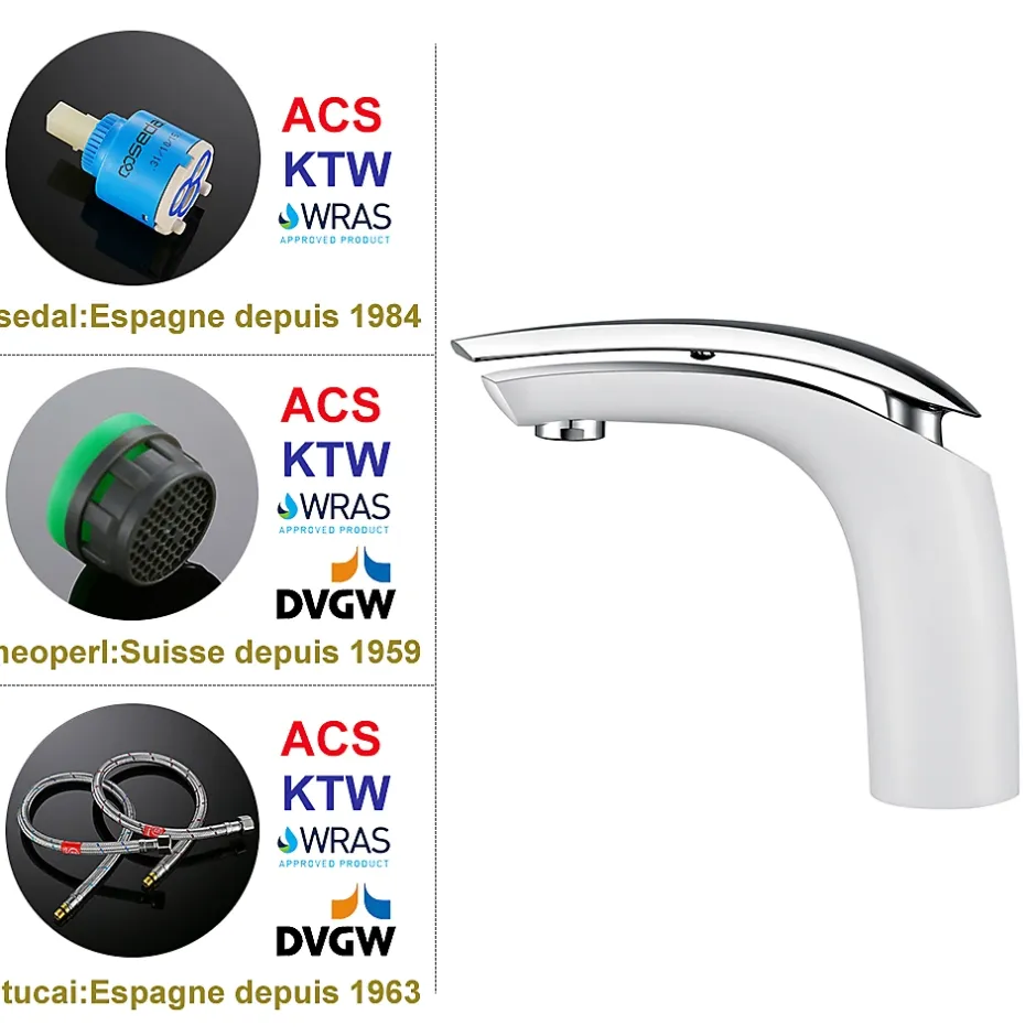 Homelody 2x Robinets Salle de Bain Mitigeur de Lavabo en Laiton de Qualité Blanc Chromé Robinetterie pour Lavabo Hauteur sous Bec 125mm