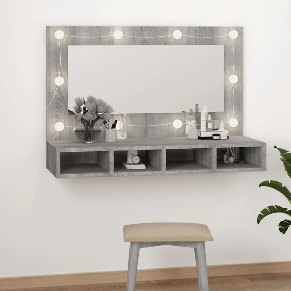 zmh Armoire à miroir avec LED Sonoma gris 90x31,5x62 cm