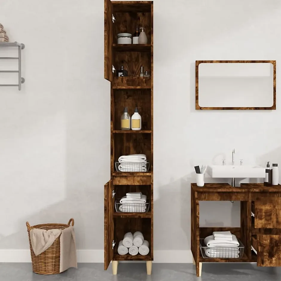 zmh Armoire de bain chêne fumé 30x30x190 cm bois d'ingénierie* Meuble Wc