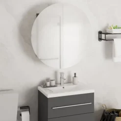 zmh Armoire de salle de bain miroir rond et LED Gris 47x47x17,5 cm