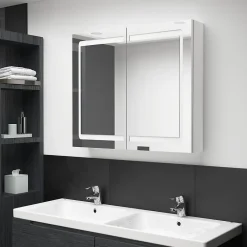 zmh Armoire de salle de bain à miroir LED Blanc brillant 80x12x68cm