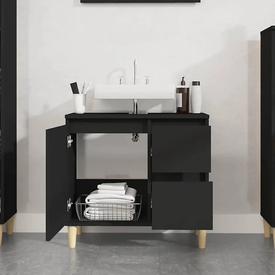 zmh Armoire de salle de bain noir 65x33x60 cm bois d'ingénierie* Meuble Wc
