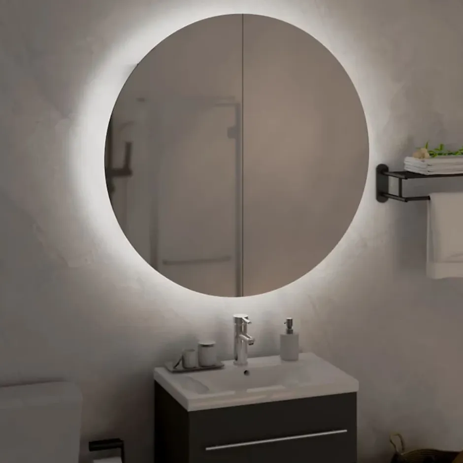 zmh Armoire de salle de bain miroir rond et LED Blanc 54x54x17,5 cm* Meuble Wc