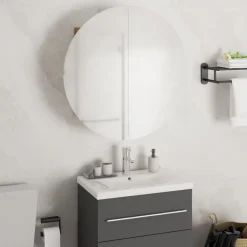 zmh Armoire de salle de bain miroir rond et LED Noir 47x47x17,5 cm