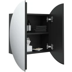 zmh Armoire de salle de bain miroir rond et LED Noir 47x47x17,5 cm