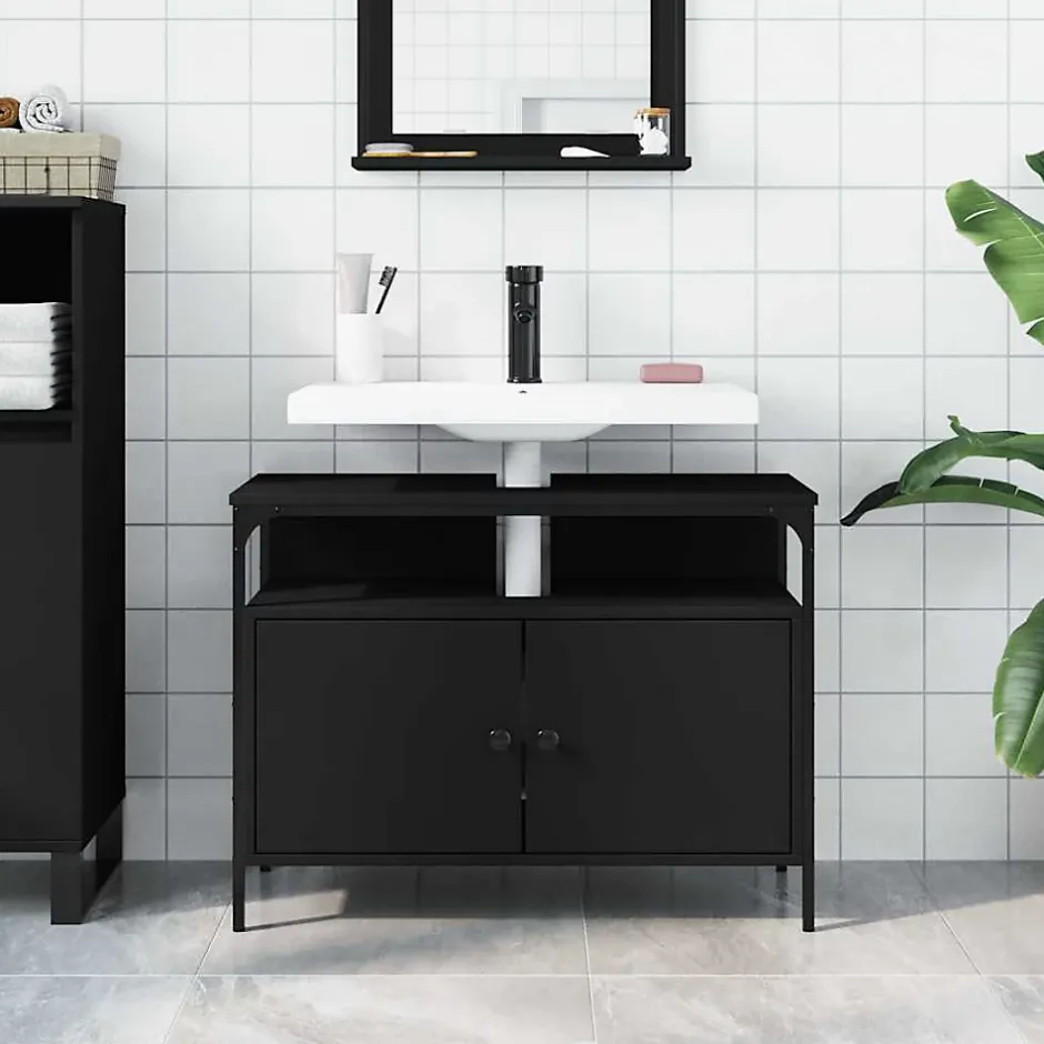 zmh Armoire lavabo de salle de bain noir 80x30x60 cm