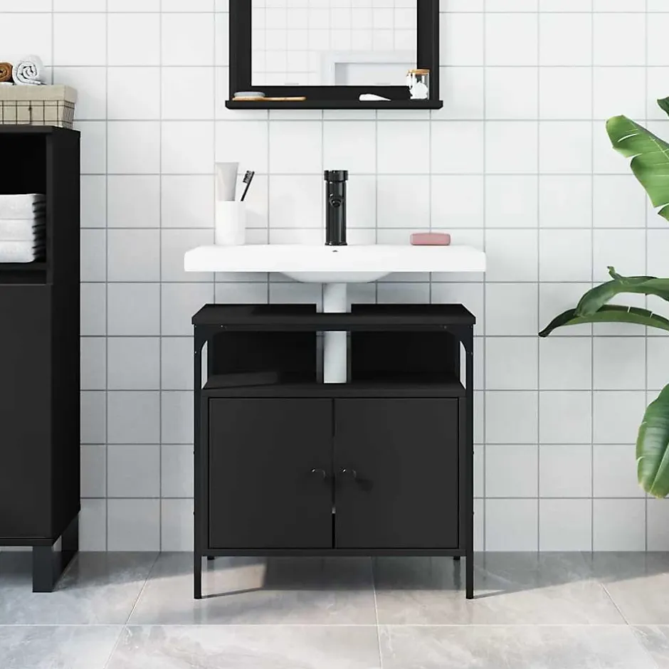 zmh Armoire lavabo de salle de bain noir 60x30x60 cm* Meuble Wc