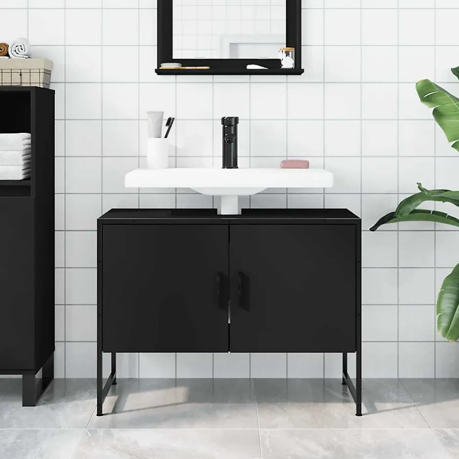 zmh Armoire lavabo de salle de bain noir 80x33x60cm bois ingénierie