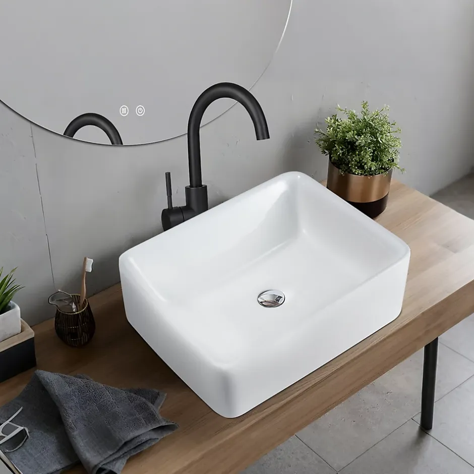 zmh Lavabo Carré Céramique à Poser, 40x30x13cm, Effet Lotus, Blanc