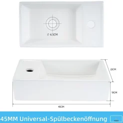 zmh Lavabo Carré En Céramique à Poser, 40x22x10cm, Blanc, Avec Trou Pour Robinet.
